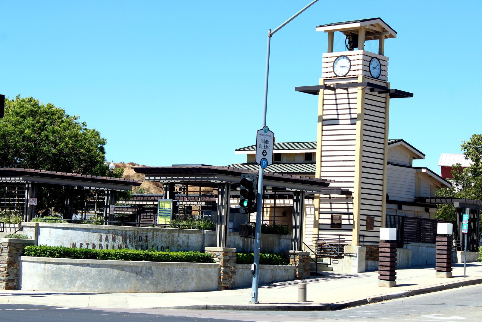 The clock tower at the Newhall Metrolink station