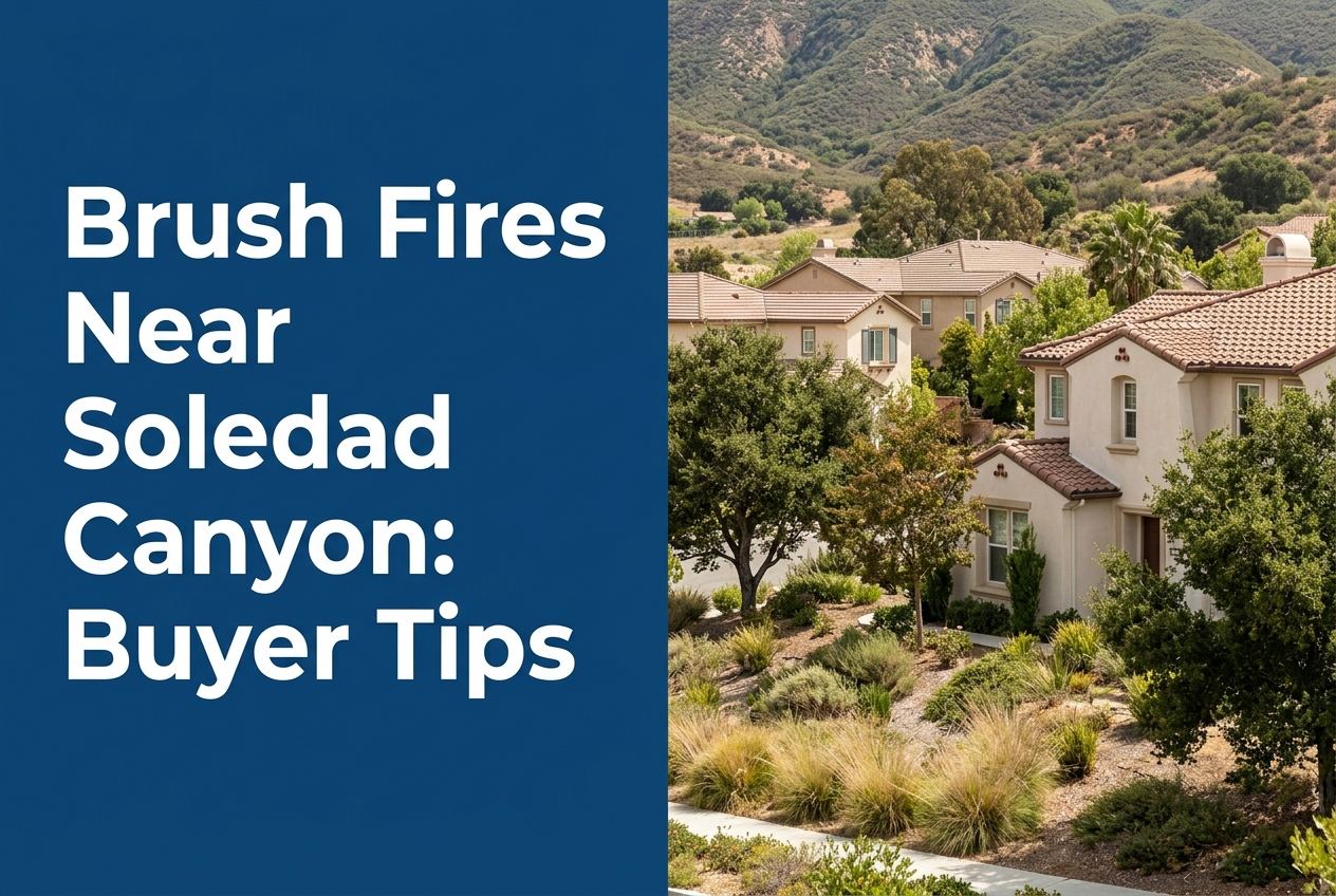 A split-screen graphic with a dark blue left panel containing the text 'Brush Fires Near Soledad Canyon: Buyer Tips' and a suburban photo.