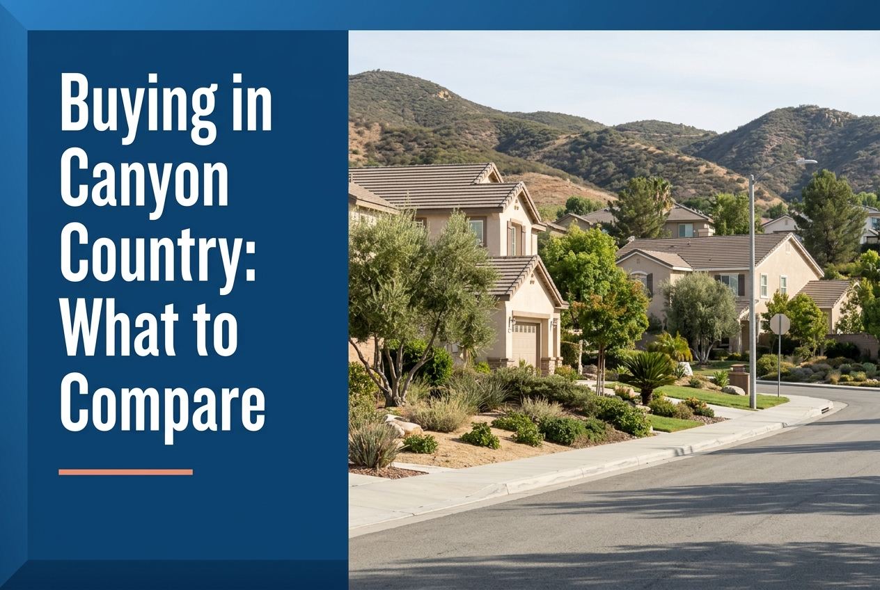 A split-screen editorial graphic with a blue left panel containing white text about Canyon Country real estate and a photo of SoCal homes.