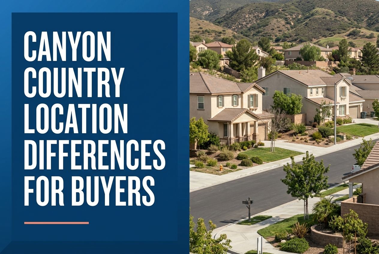 A split-layout blog cover with a blue panel on the left containing the white text Canyon Country Location Differences for Buyers over a coral line.
