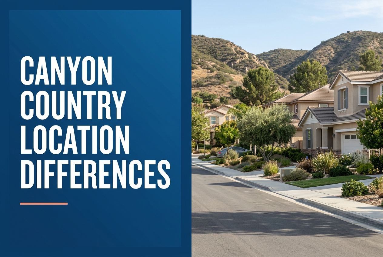 A split-layout blog cover featuring a blue panel with white text 'Canyon Country Location Differences' and a street scene of Santa Clarita homes.
