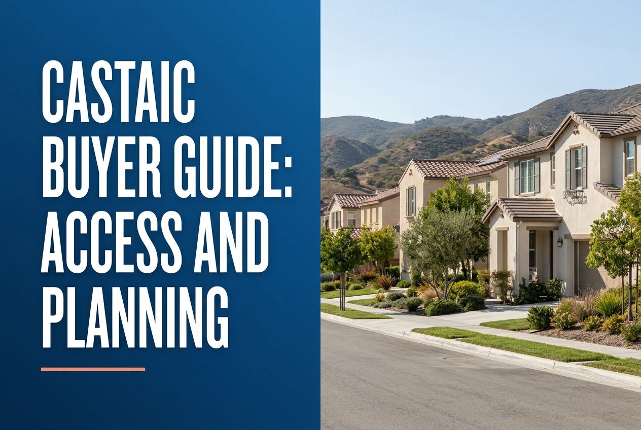 A split-view graphic with a dark blue left panel featuring white text titled Castaic Buyer Guide: Access and Planning and a photorealistic right panel of Califo