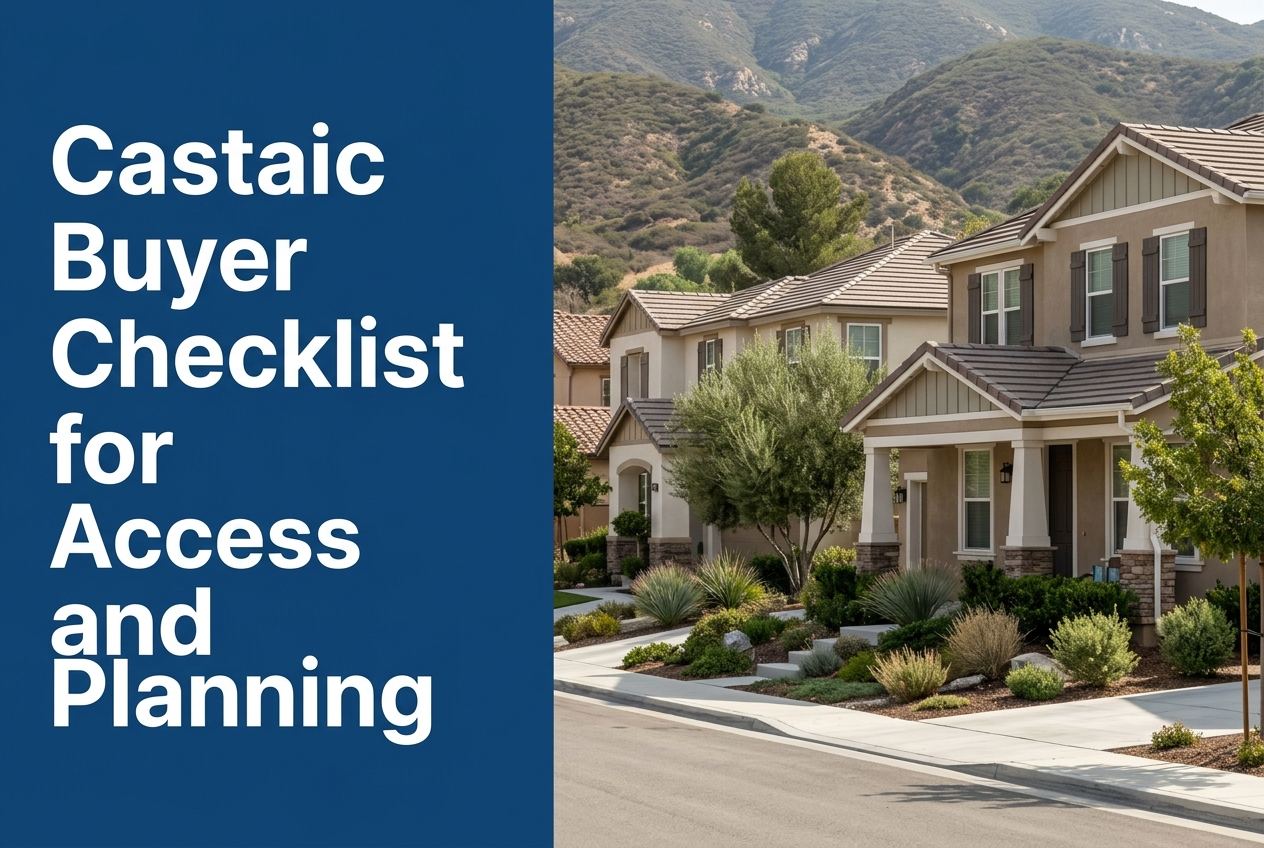 A split-view image showing a blue panel with text on the left and a residential street with drought-tolerant landscaping and hills on the right.