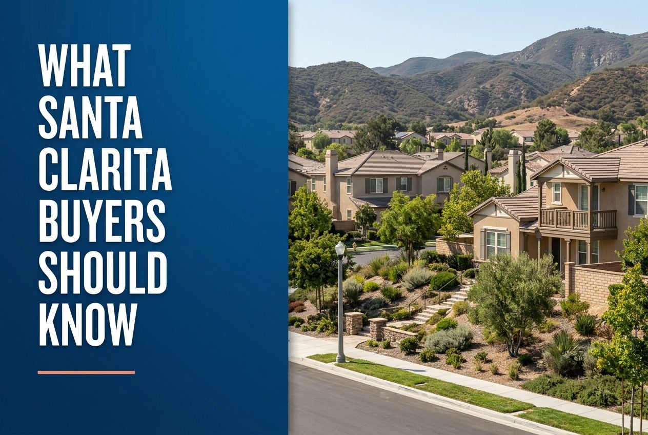 A split cover with a blue panel on the left featuring white text reading What Santa Clarita Buyers Should Know above a coral line, next to SCV homes.