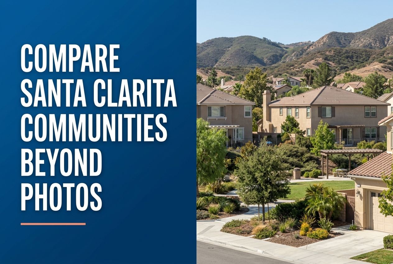 A split-panel design with a deep blue left side featuring white text 'COMPARE SANTA CLARITA COMMUNITIES BEYOND PHOTOS' over a Santa Clarita neighborhood.