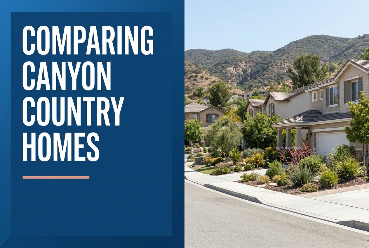 A split-view image featuring a blue title panel with white condensed text 'COMPARING CANYON COUNTRY HOMES' next to residential suburban homes.