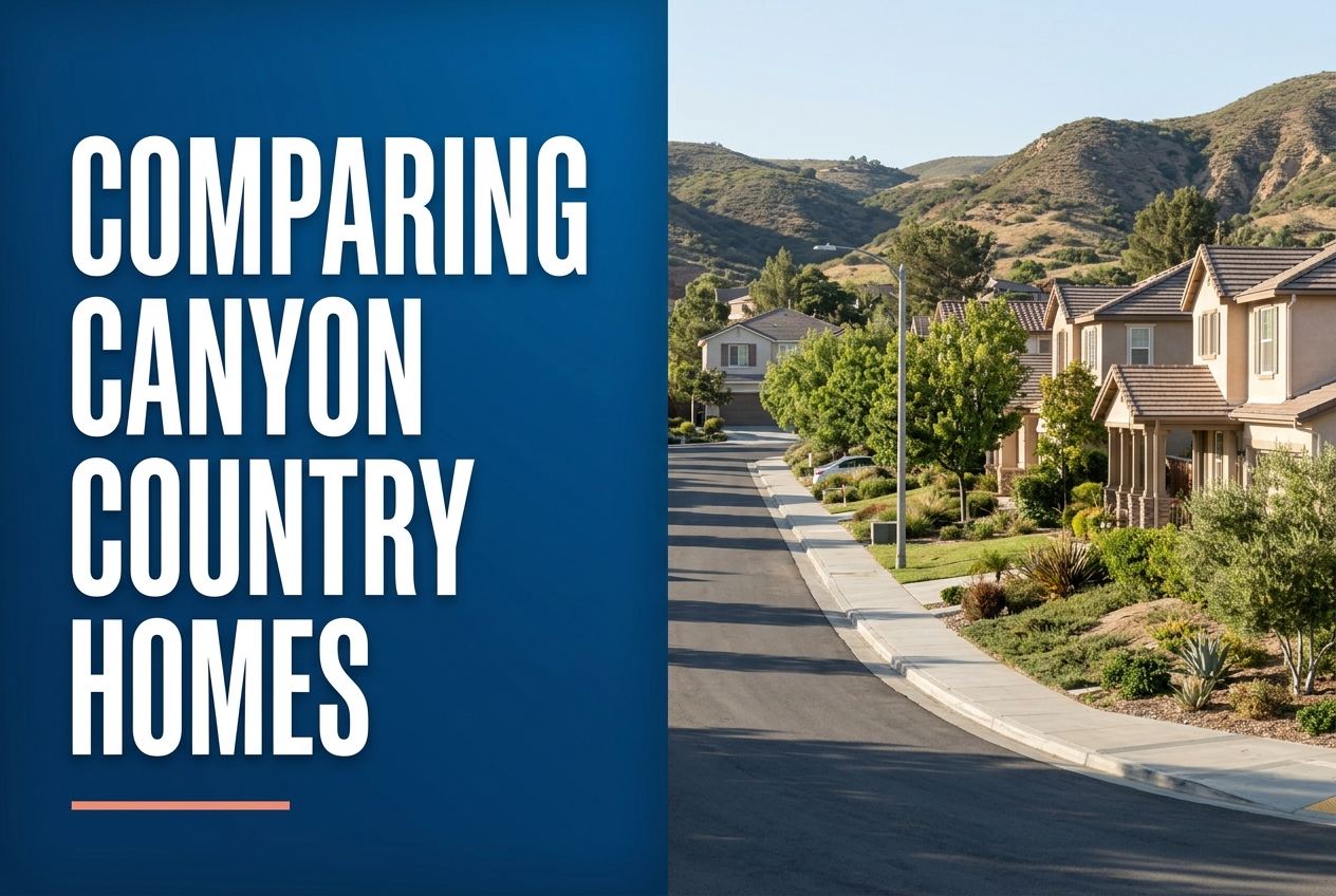 A split-screen graphic with the white title 'COMPARING CANYON COUNTRY HOMES' on a blue panel, next to a photo of suburban California houses.