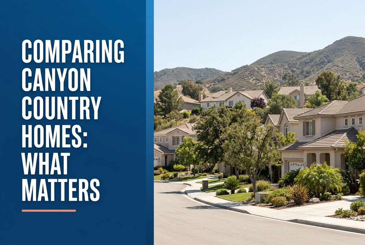 A split-screen editorial graphic with a blue left panel containing white text and a right panel showing suburban homes with foothills.