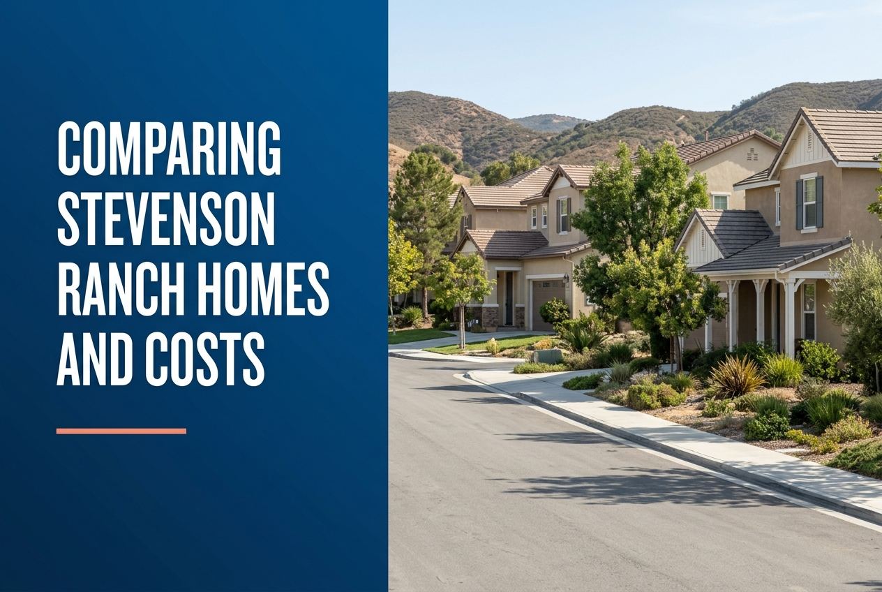 A split image with a deep blue panel on the left featuring white text reading Comparing Stevenson Ranch Homes and Costs over a coral line.