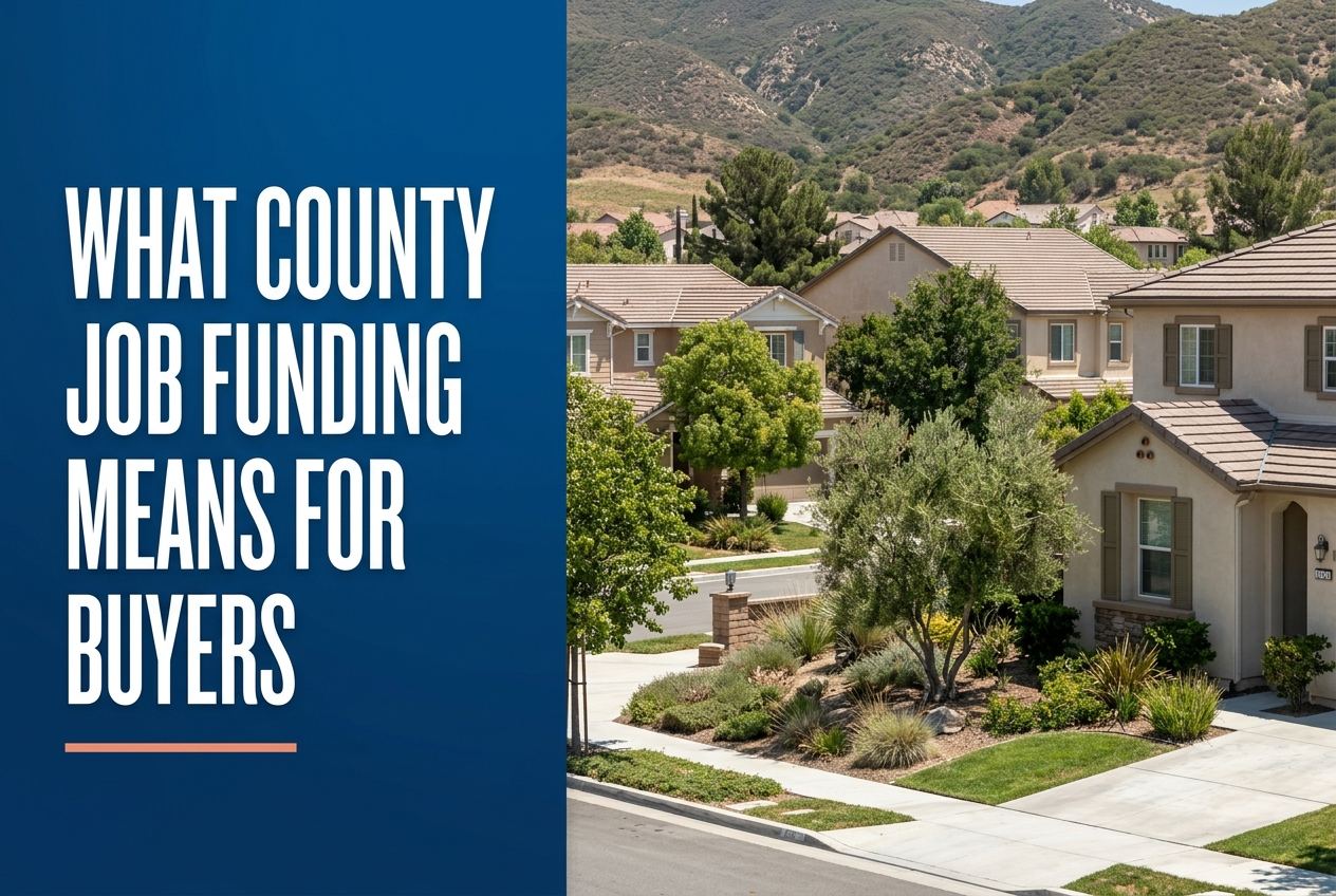 A split-panel design with a deep blue left side featuring white text 'WHAT COUNTY JOB FUNDING MEANS FOR BUYERS' over a Santa Clarita neighborhood.