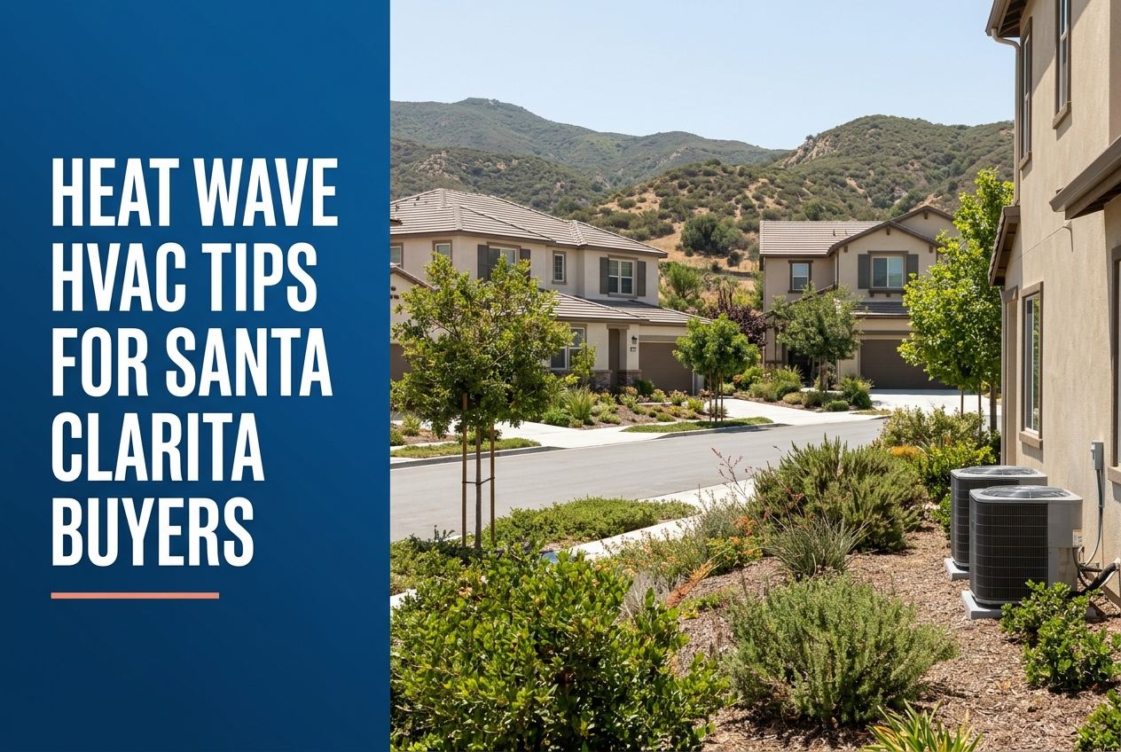Deep blue panel with white text on the left, next to a Santa Clarita Valley suburban street scene with HVAC units, hills, and landscaping.