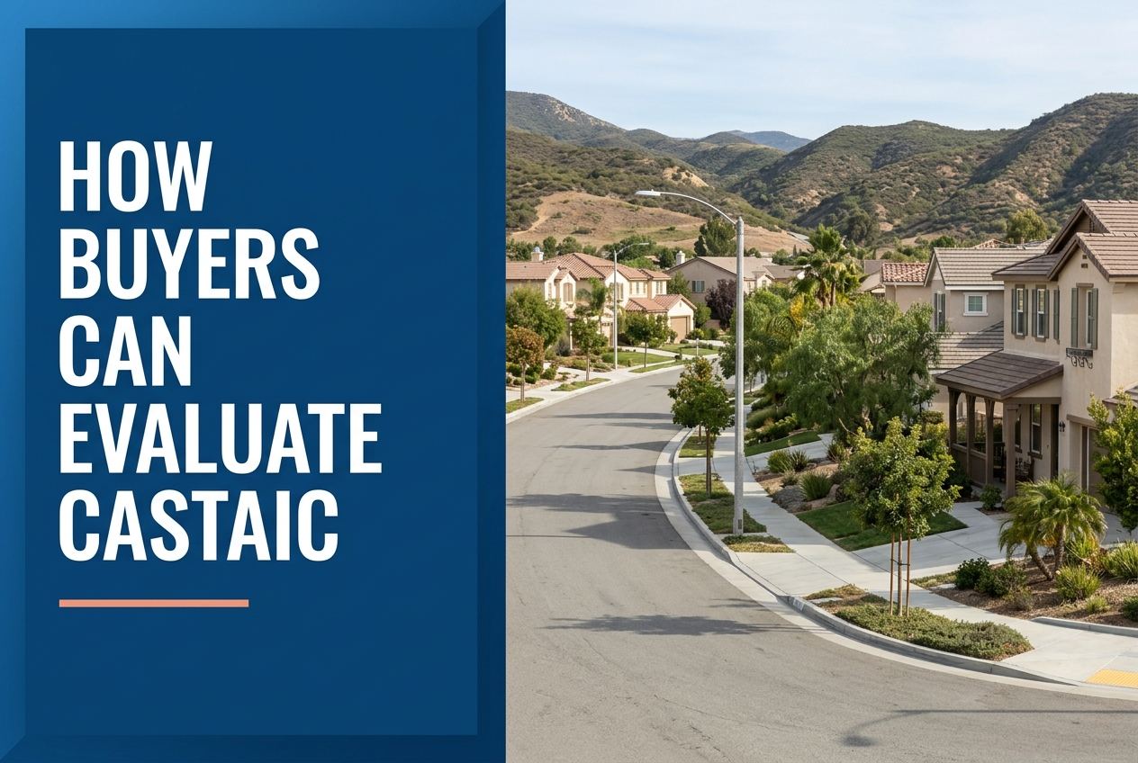 A split-panel graphic with a blue left side featuring white text 'HOW BUYERS CAN EVALUATE CASTAIC' and a photo of a residential Castaic street.