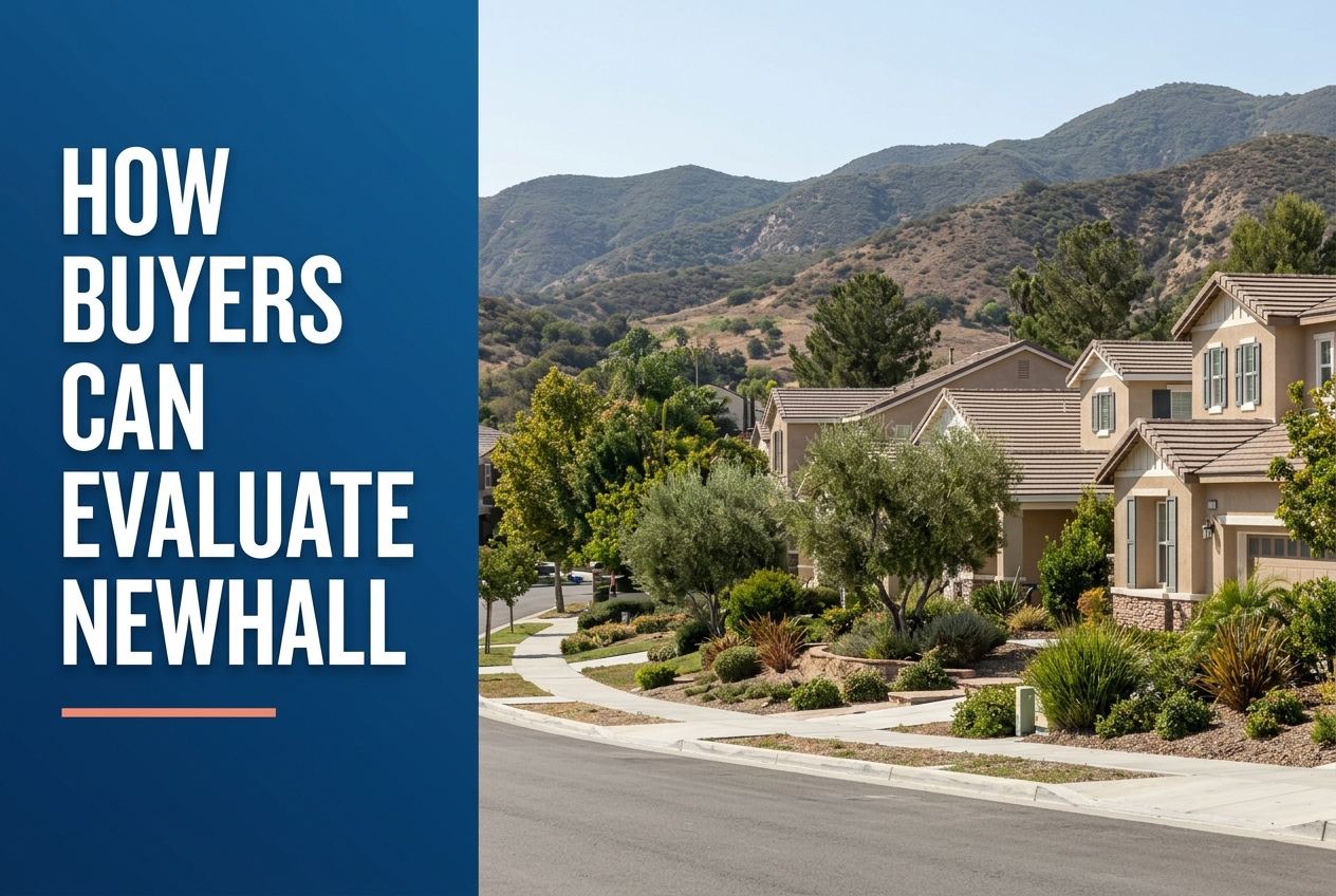A split-panel graphic with the title HOW BUYERS CAN EVALUATE NEWHALL on blue, beside a sunny California street with stucco homes and hills.