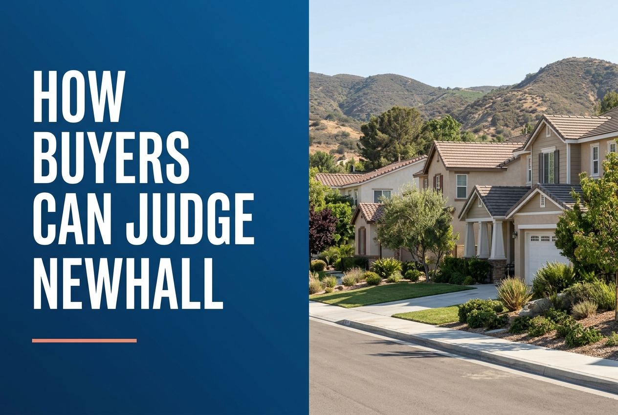 A split-screen editorial graphic with a blue text panel on the left and a photorealistic residential street scene in Santa Clarita on the right.
