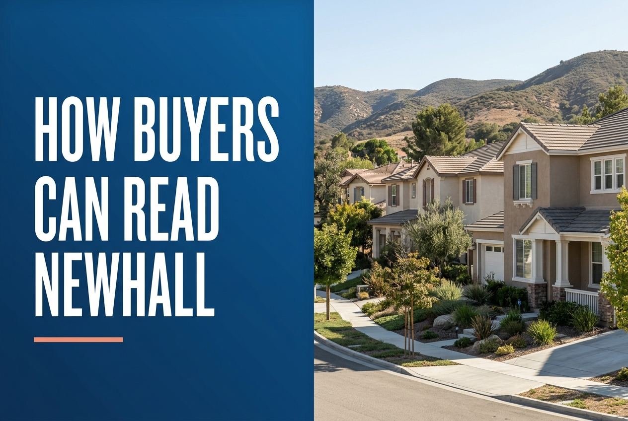 A split cover image with blue text on the left reading HOW BUYERS CAN READ NEWHALL over a Southern California residential streetscape.