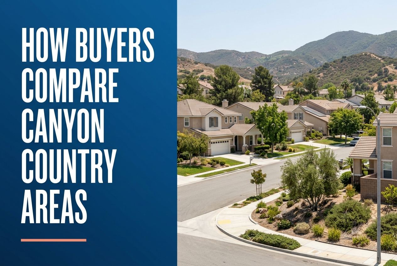 A split-panel graphic with the white text 'HOW BUYERS COMPARE CANYON COUNTRY AREAS' on a blue background, next to a residential suburban street.