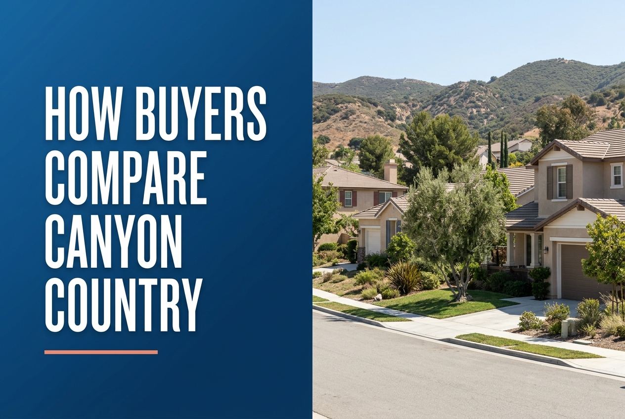 A split-screen graphic showing a blue panel with white text 'HOW BUYERS COMPARE CANYON COUNTRY' and a street with suburban homes and hills.