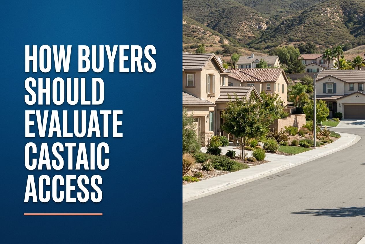 A split cover with a deep blue panel on the left featuring white text and a coral line, and a photo of Castaic homes on the right.