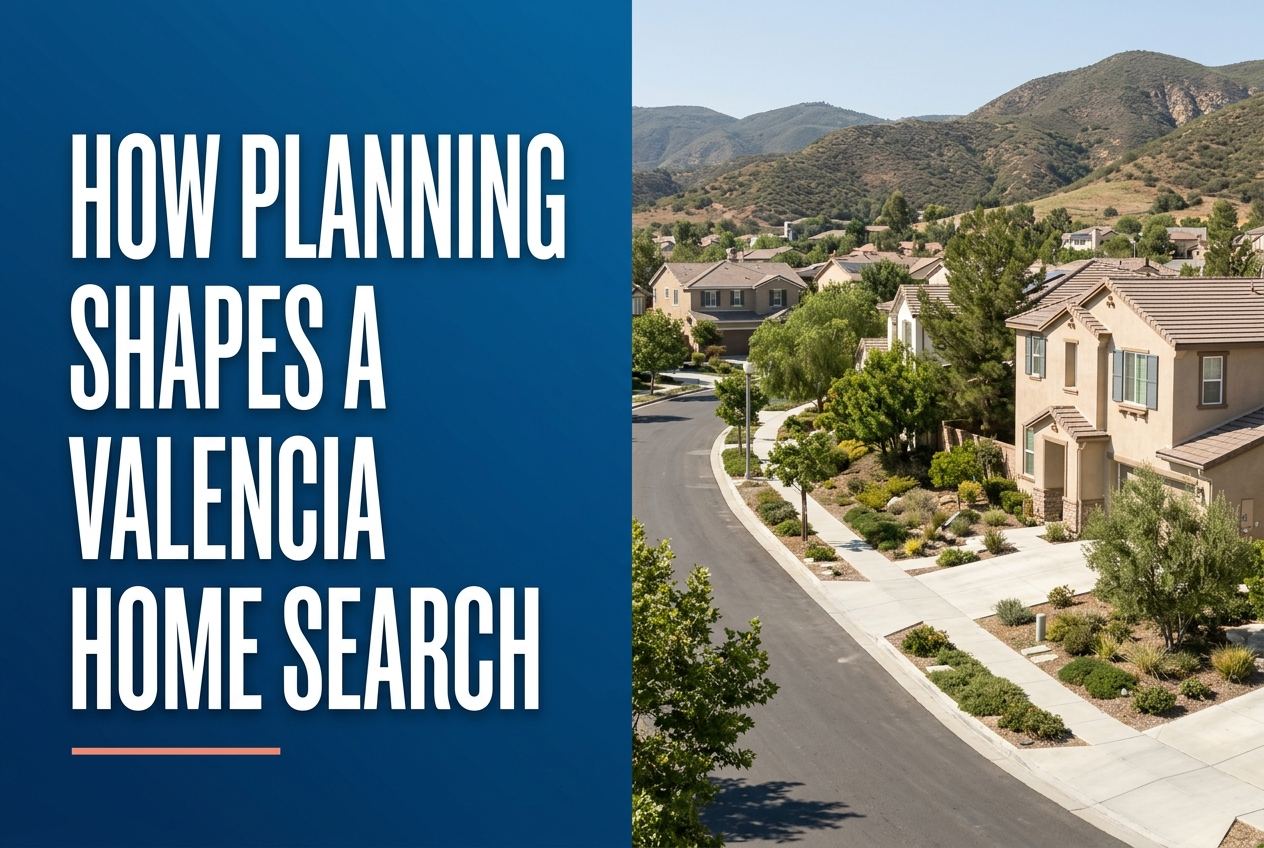 A split-panel blog cover with a deep blue left side featuring white bold text, and a right side showing a sunny Valencia-style neighborhood.