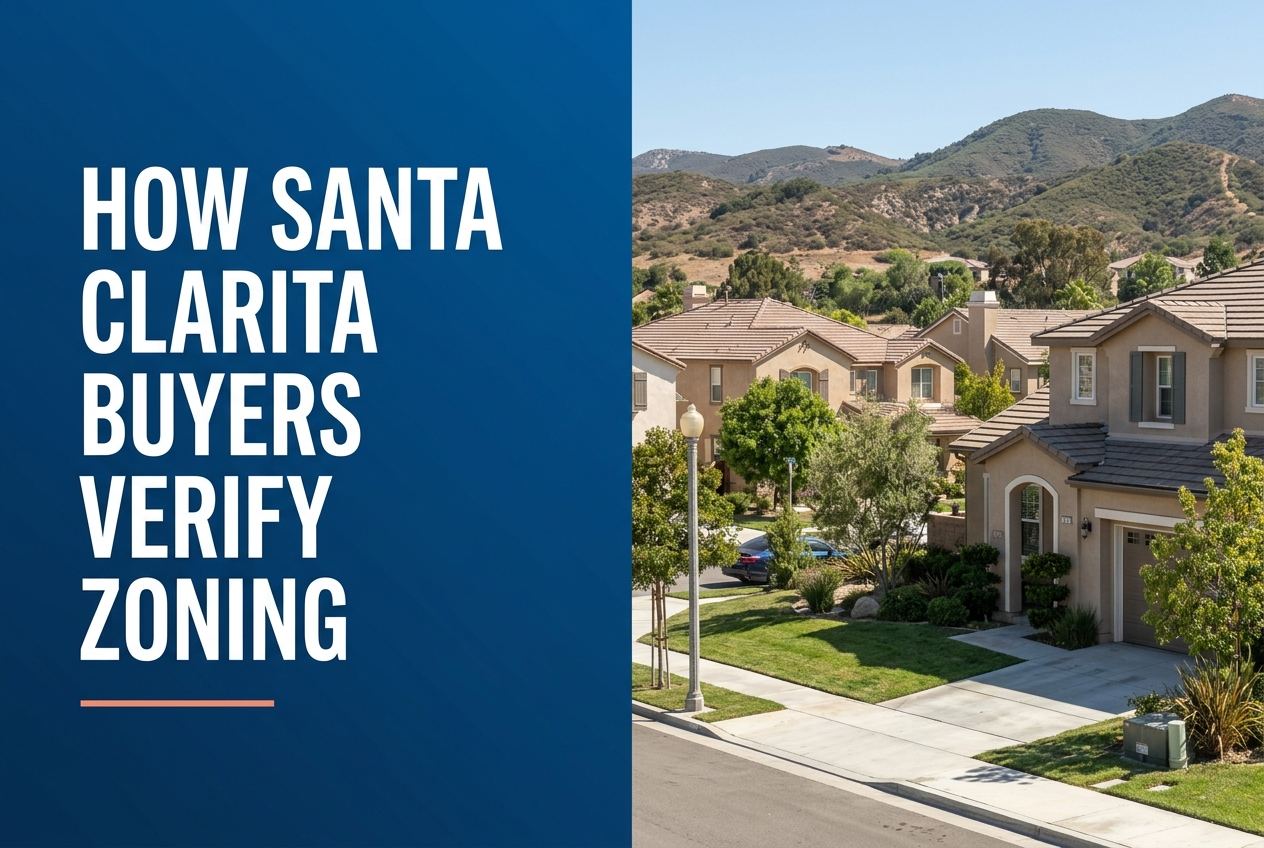 A deep blue panel with white text reads 'HOW SANTA CLARITA BUYERS VERIFY ZONING' over a photo of residential homes and hills.