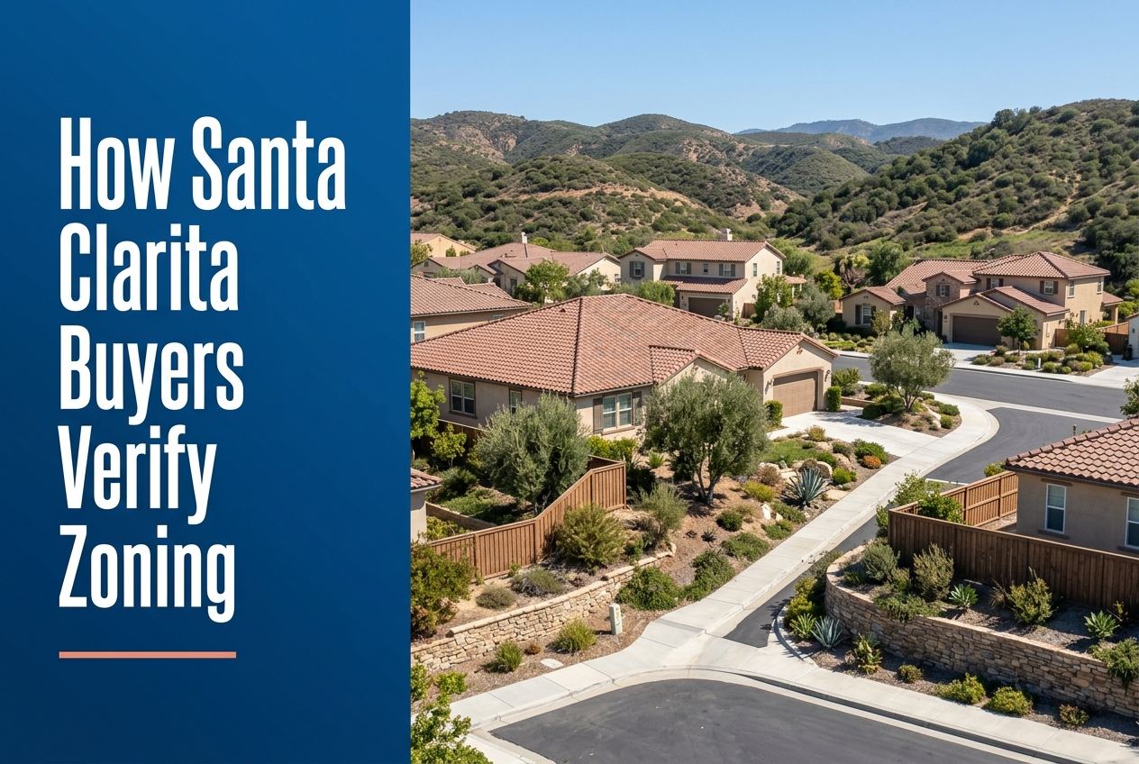 A deep blue panel with white text on the left and a sunny suburban neighborhood in the Santa Clarita Valley on the right.