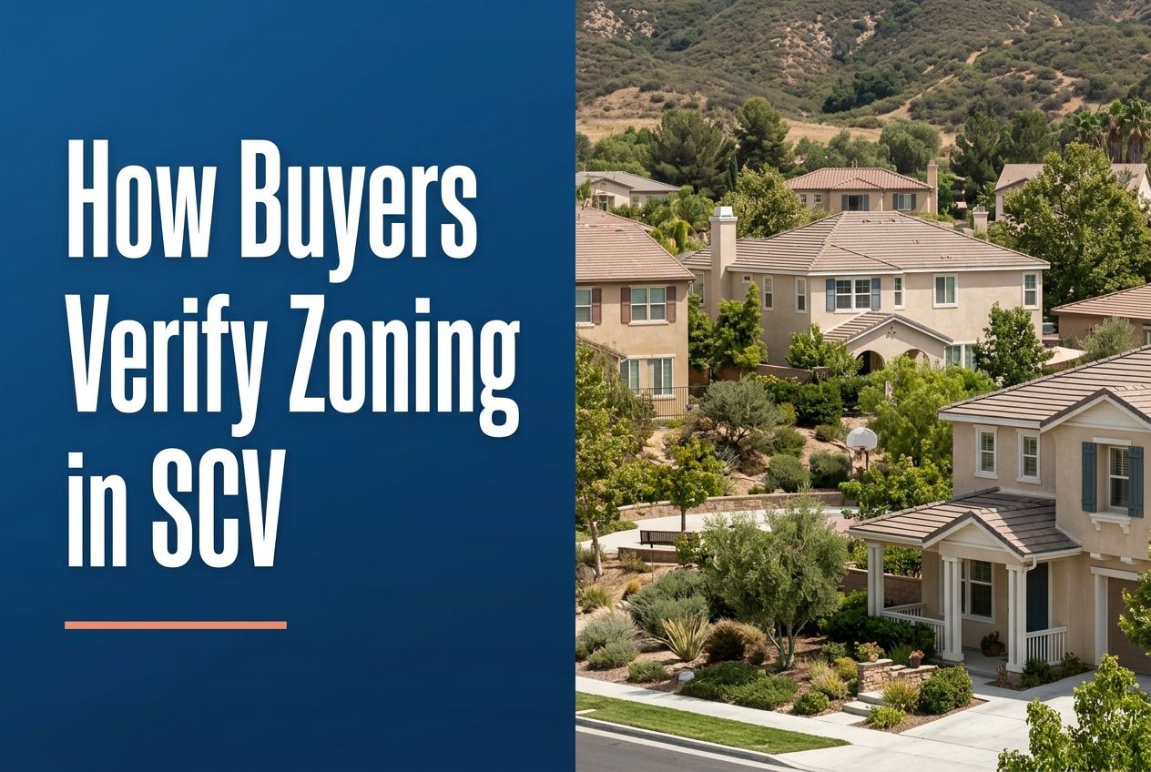 A split cover showing white text on a deep blue panel on the left and a sunny Santa Clarita Valley neighborhood with hills on the right.