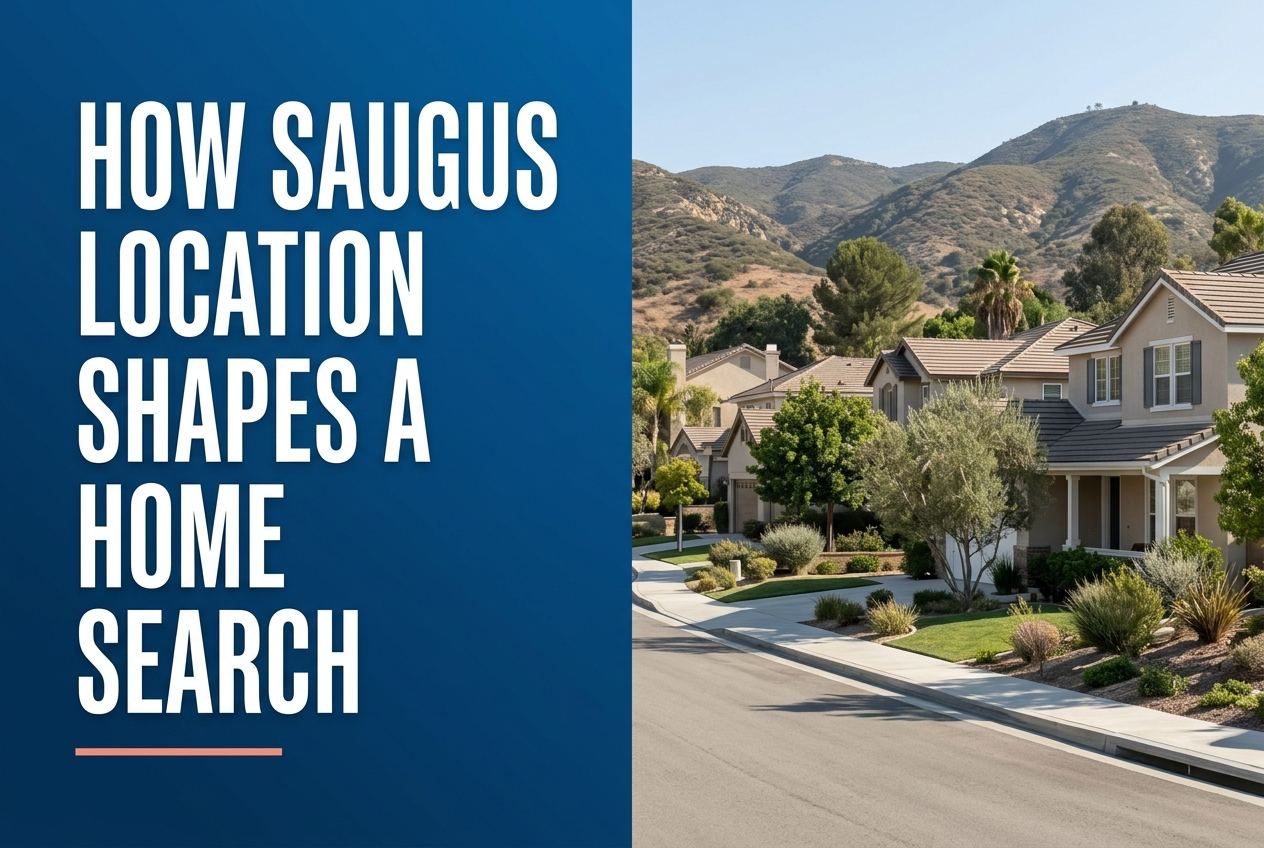 A split-view image showing a blue panel with white text on the left and a residential suburban street with hills in the background on the right.