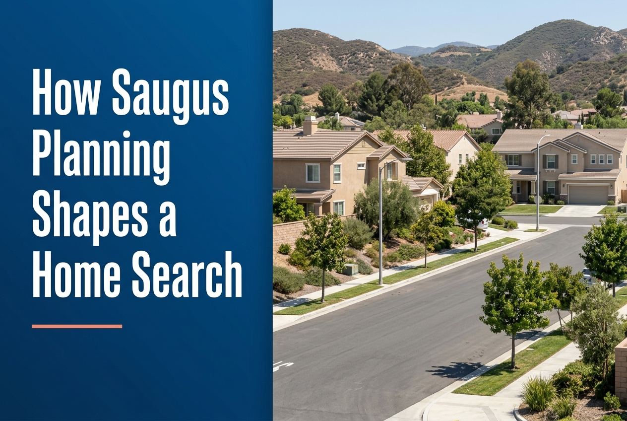 Split design with blue text panel on left and a photorealistic residential Saugus streetscape with houses and hills on the right.