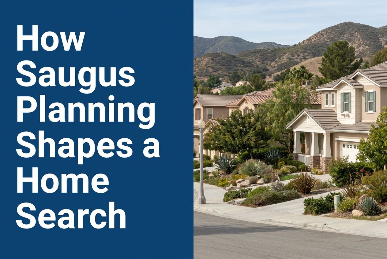 A split-layout graphic with white text on a dark blue background and a sunny California residential street with foothills on the right.
