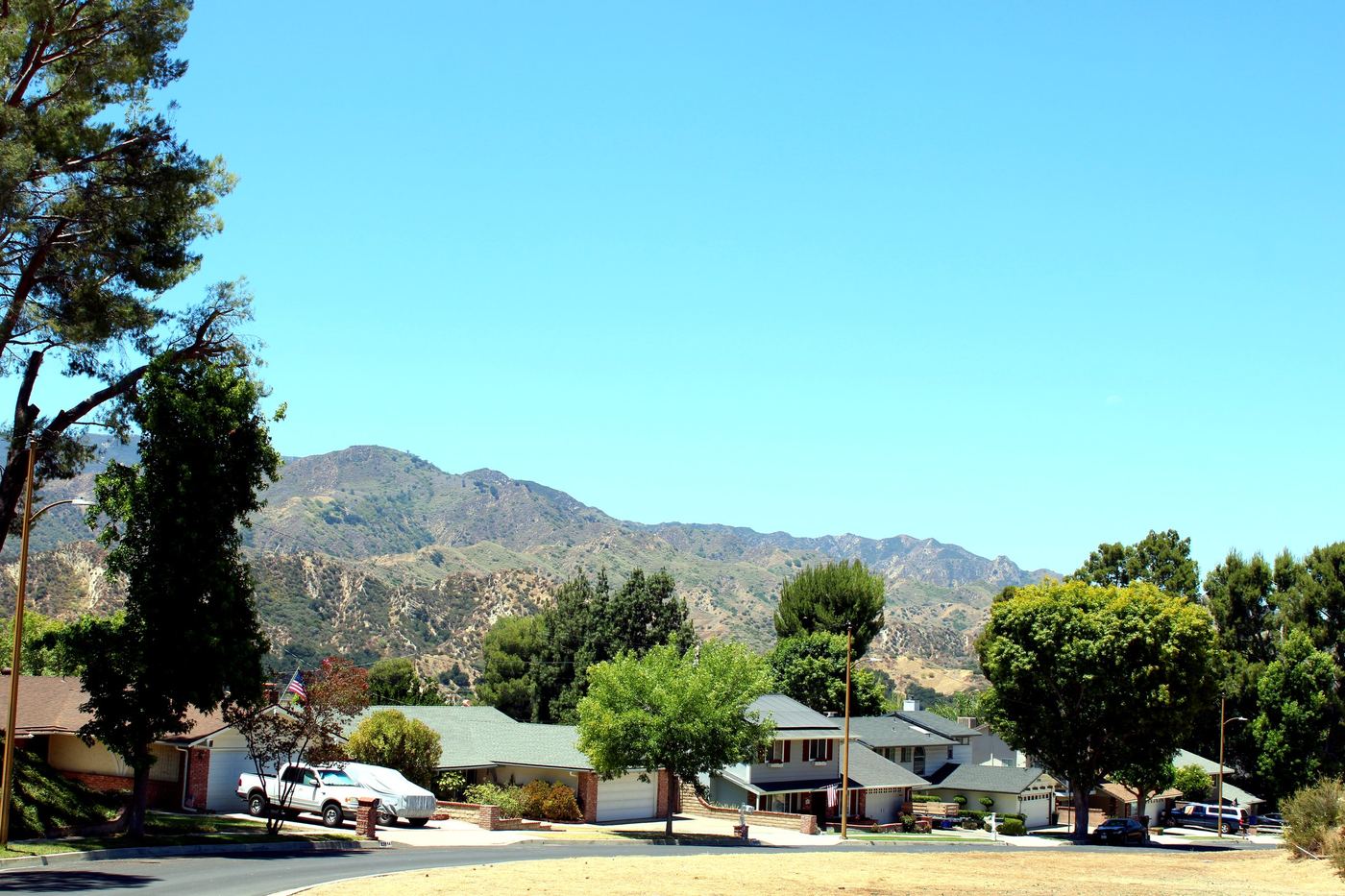 Neighborhood street with hillside backdrop, Wiley Canyon area, Newhall, Santa Clarita
