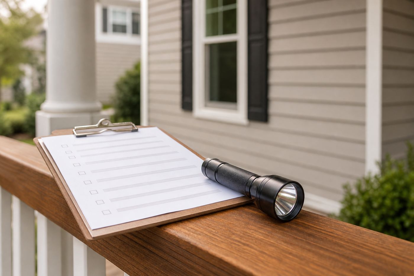 Home inspection checklist and flashlight on a front porch railing