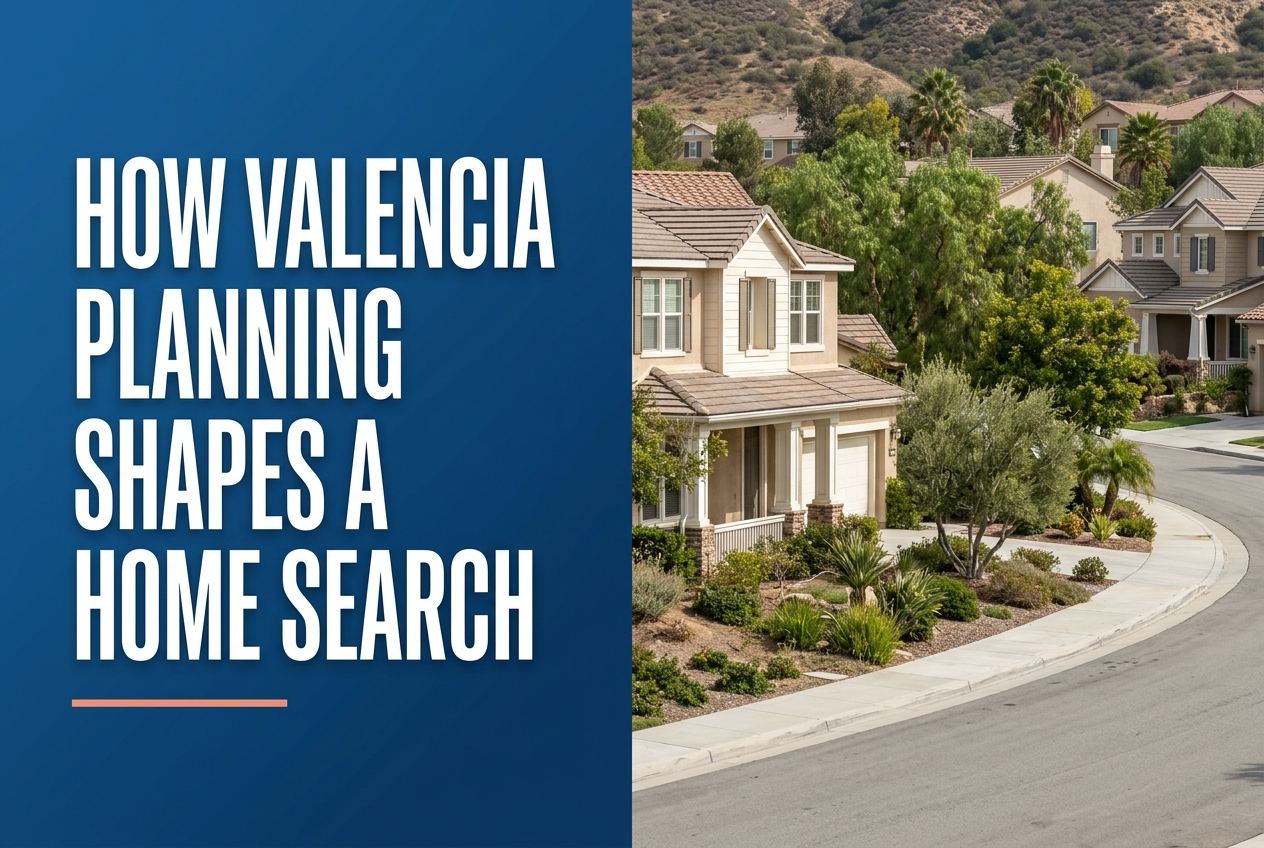 A split-view image showing a blue panel with text on the left and a sunny Southern California residential streetscape on the right.