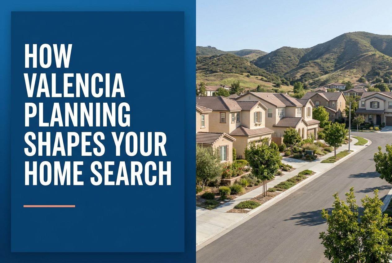 A deep blue panel with white text reads How Valencia Planning Shapes Your Home Search above a coral line, next to a photo of suburban houses.
