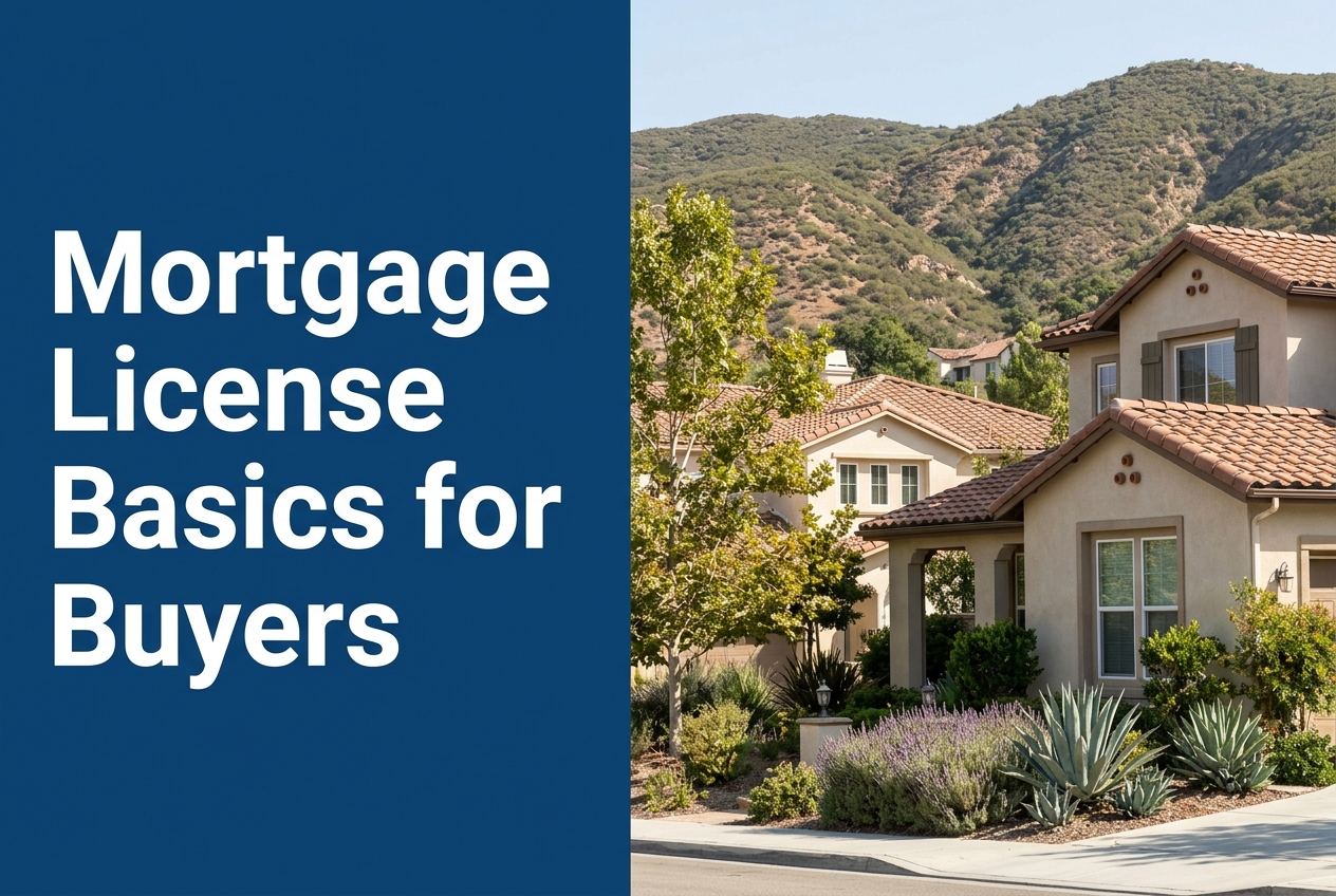 A split-panel graphic with a blue text box on the left and a photorealistic image of Southern California homes against hills on the right.