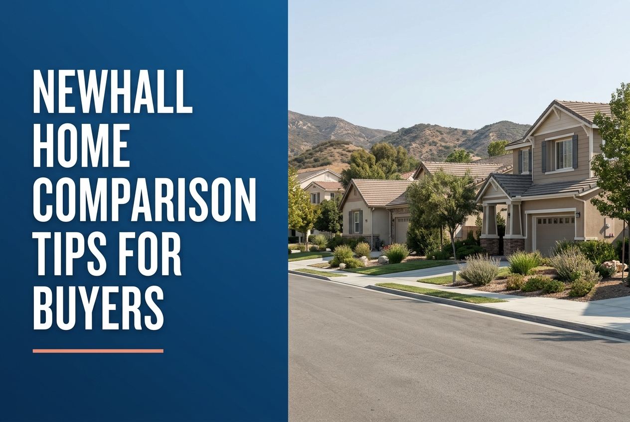 A split-layout blog cover with deep blue text on the left and a photorealistic view of Newhall-style suburban homes on the right.