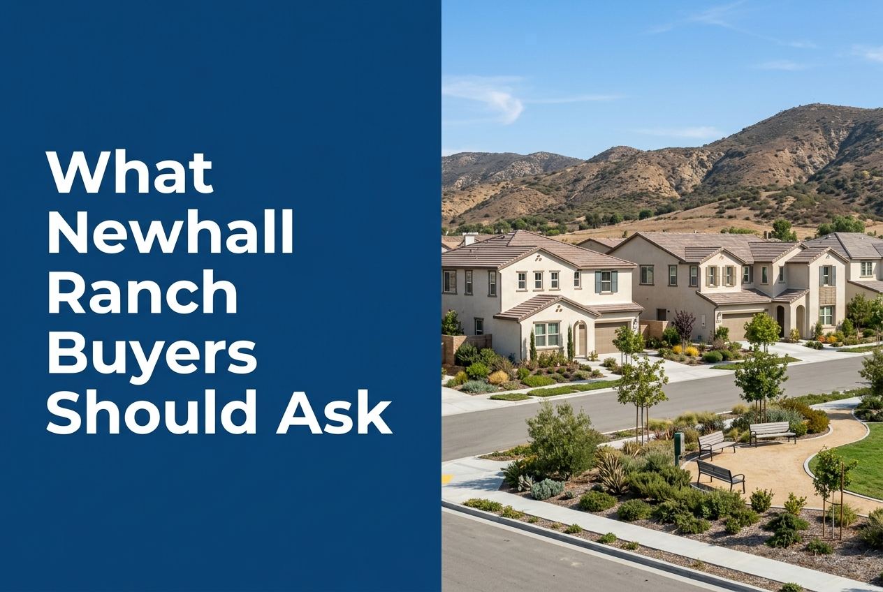 A split-layout blog cover featuring white text on a blue background next to a sunny residential street with hills in Santa Clarita.