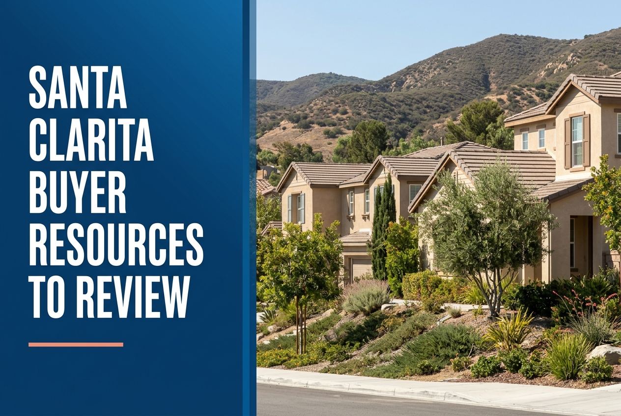 A split-layout blog cover featuring a blue panel with text on the left and a residential Santa Clarita landscape on the right.