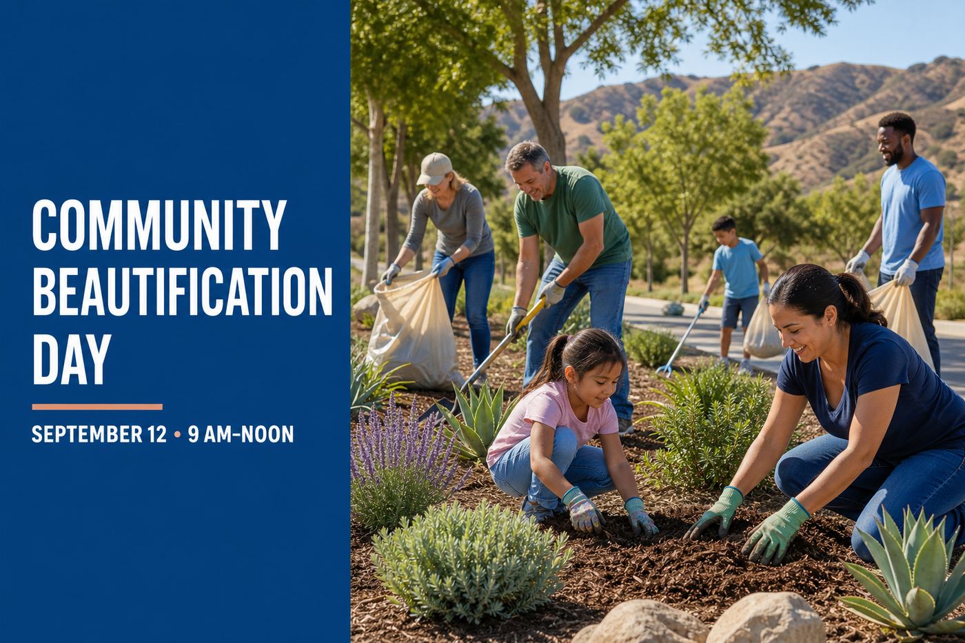 Community Beautification Day, September 12, 9 AM, noon, with Santa Clarita volunteers mulching and collecting litter.
