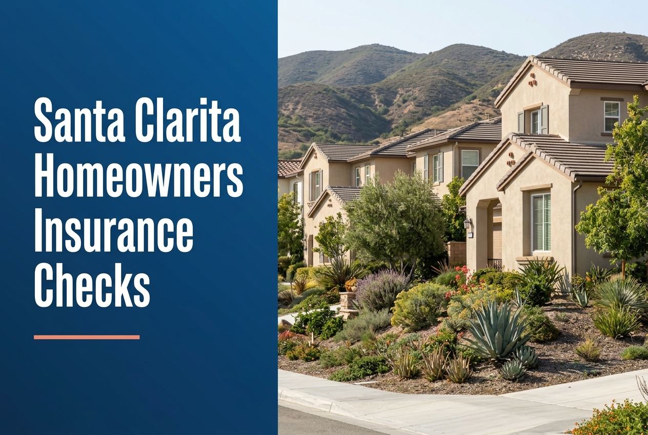 A deep blue left panel with the title 'Santa Clarita Homeowners Insurance Checks' and a coral line, next to a Santa Clarita neighborhood.