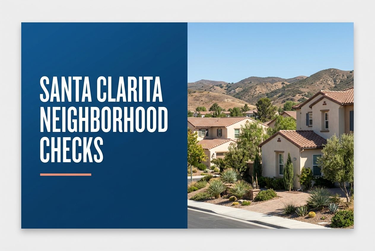 A split-view graphic showing a blue panel with white text 'SANTA CLARITA NEIGHBORHOOD CHECKS' next to suburban homes with hills.