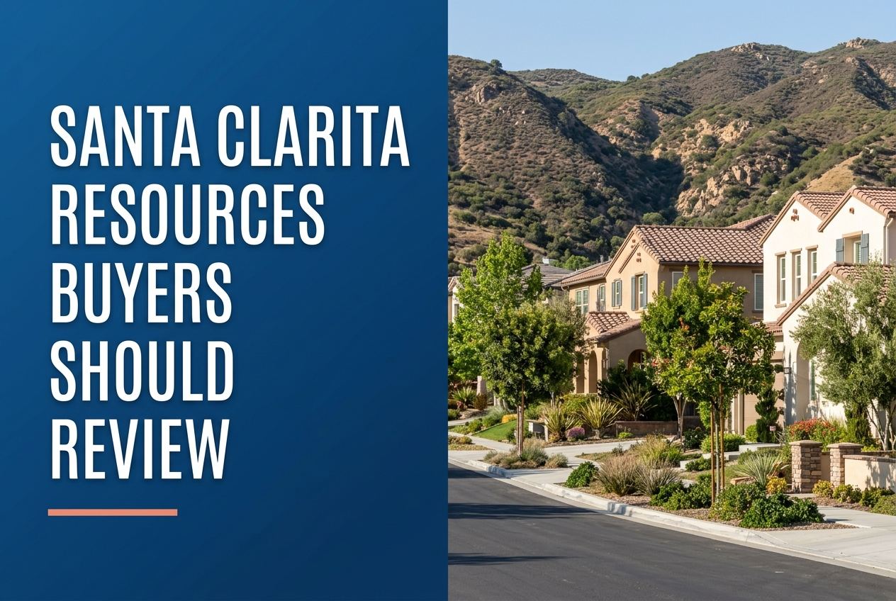 A split-screen design featuring a blue panel with white text on the left and a sunny Santa Clarita street with houses and hills on the right.