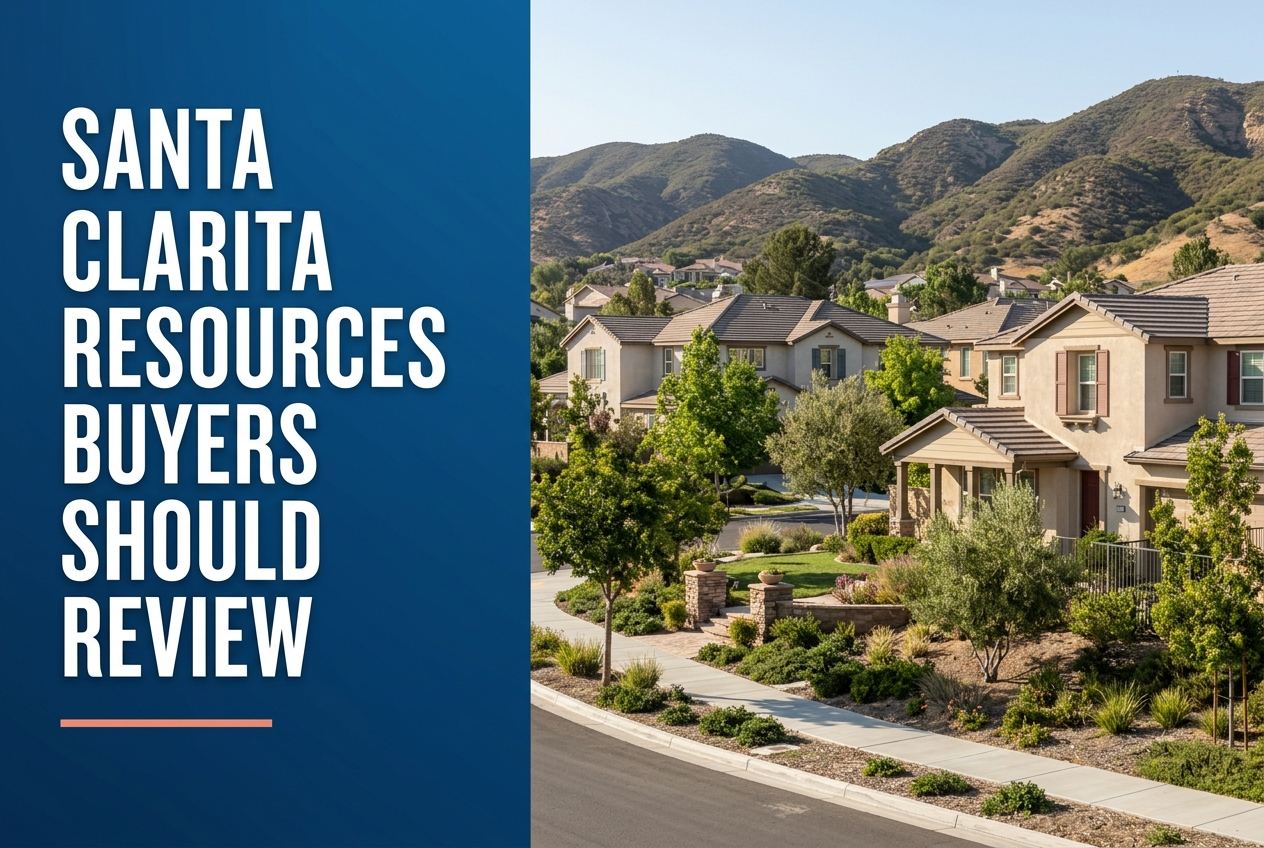 A split-panel image with a blue text panel on the left and a sunny Santa Clarita residential neighborhood view on the right.