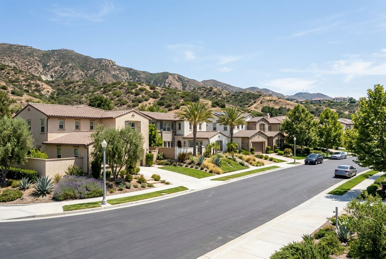 A quiet residential street in Southern California featuring Mediterranean-style homes, palm trees, drought-tolerant landscaping, and hills.