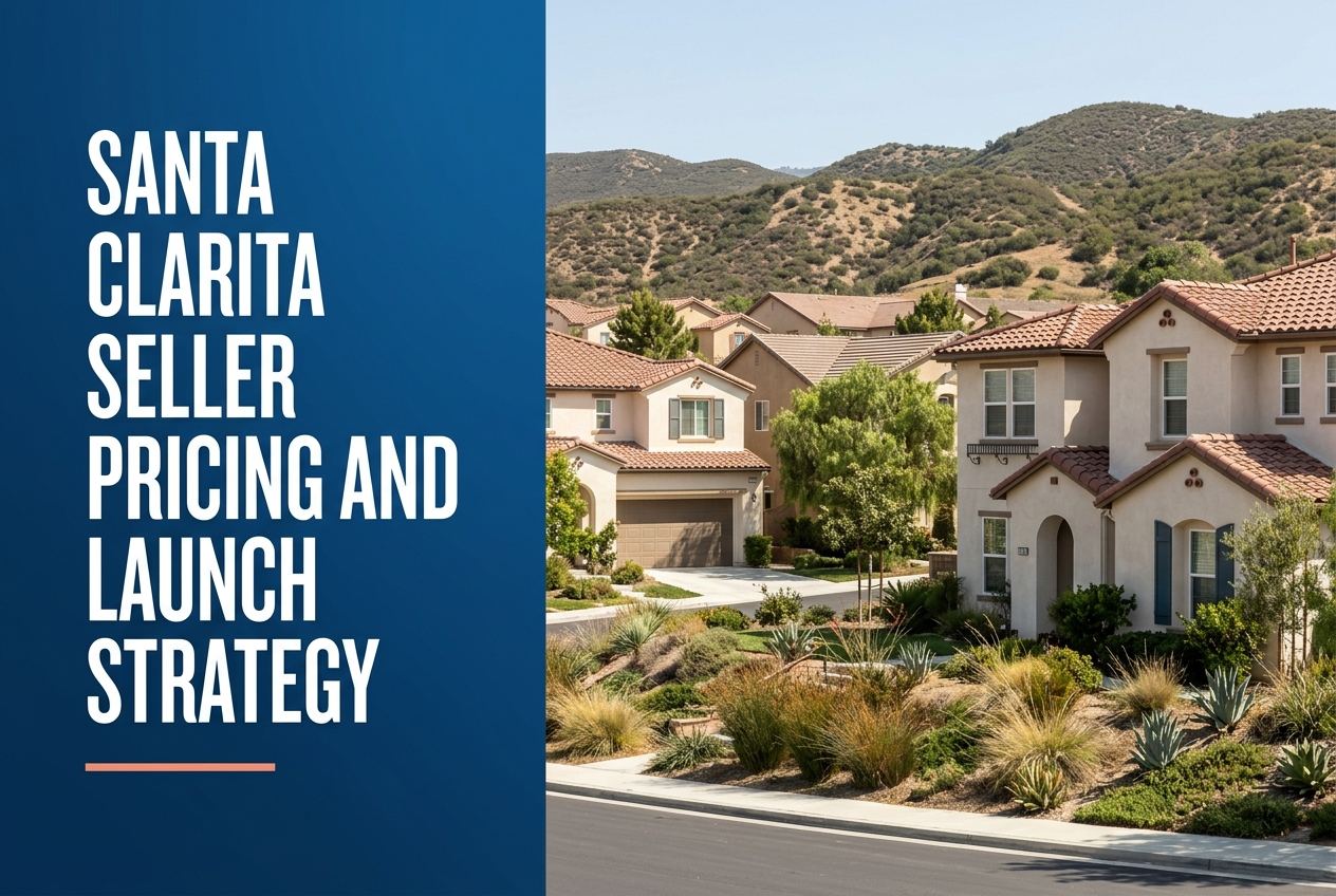 A split-panel design with deep blue on the left containing white text, and a sunny Santa Clarita residential neighborhood scene on the right.