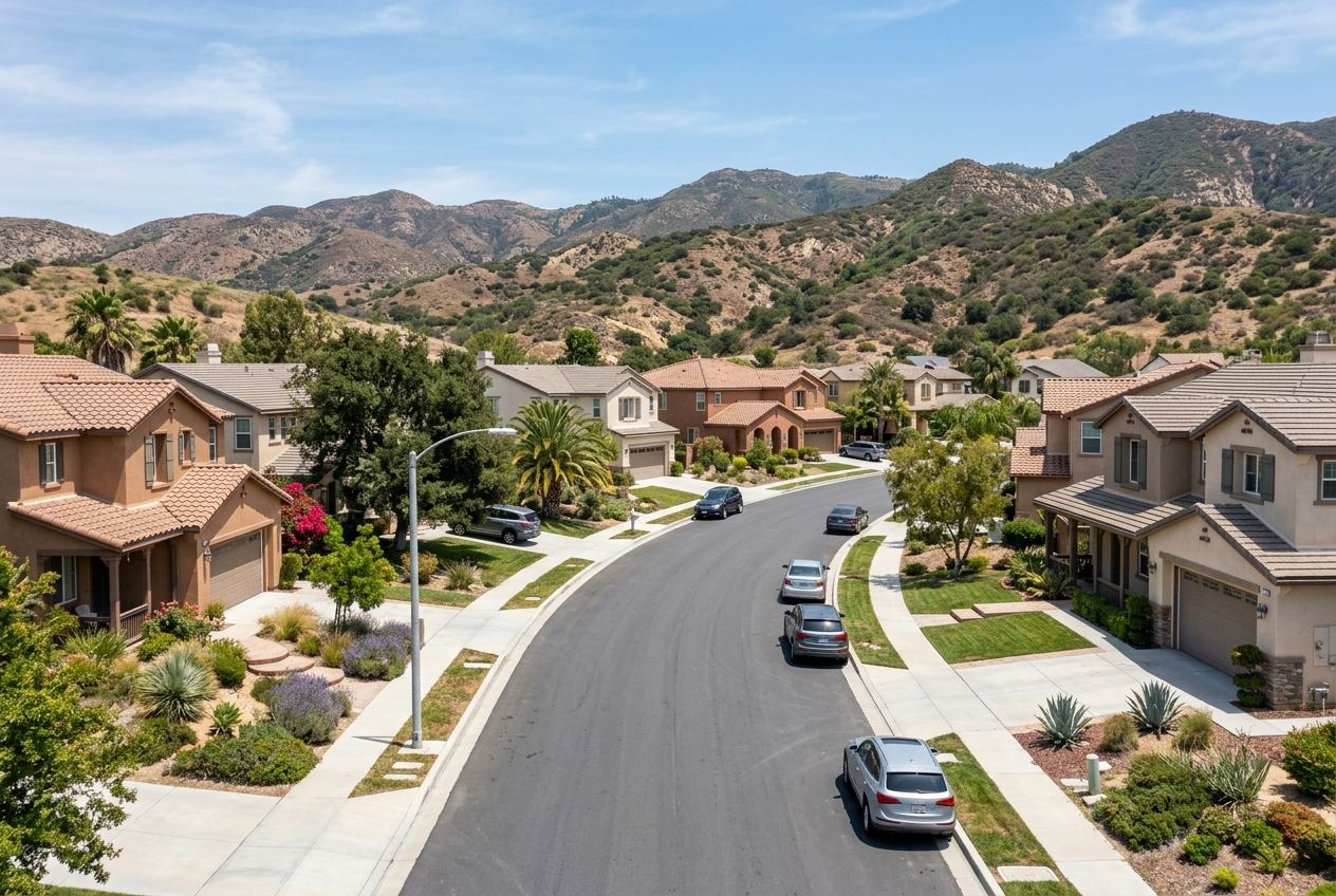 Aerial view of a suburban street in Southern California with stucco homes, parked cars, drought-tolerant landscaping, and backdrop mountains.