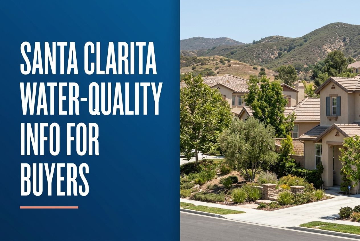 A split cover with deep blue left side featuring text 'SANTA CLARITA WATER-QUALITY INFO FOR BUYERS' and a residential Santa Clarita landscape.