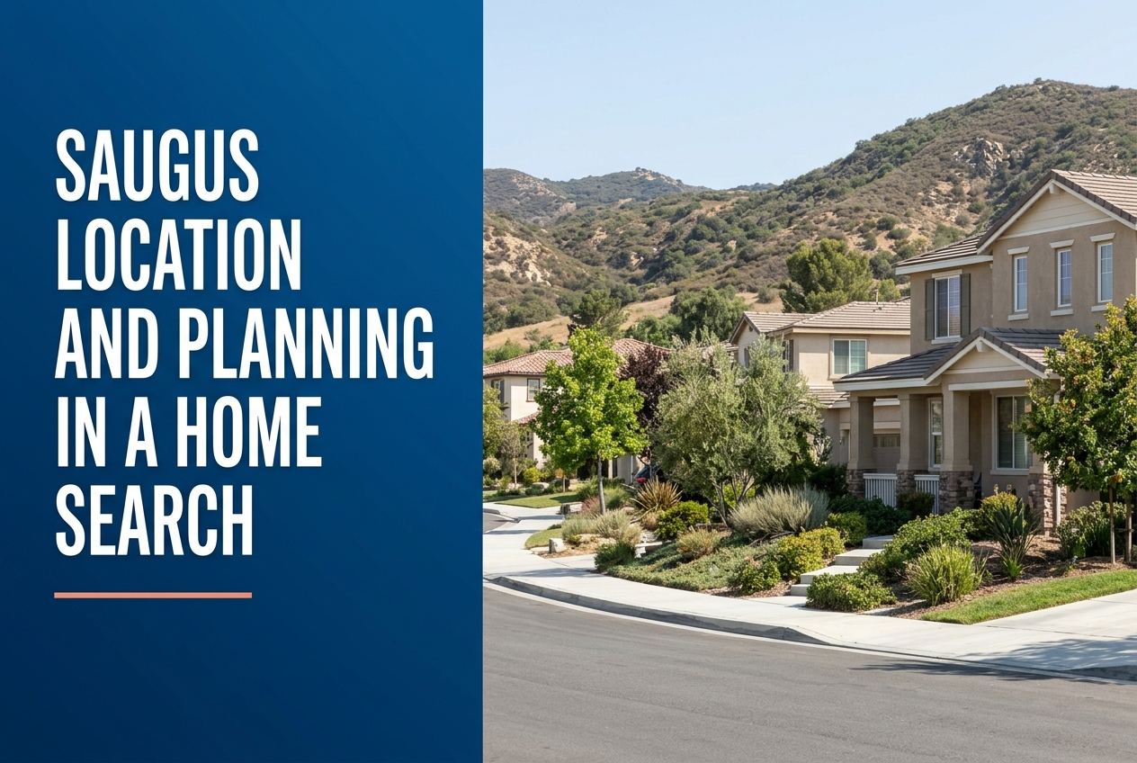 A split-view image showing a blue panel with white text on the left and a residential Saugus, CA streetscape with mountain views on the right.
