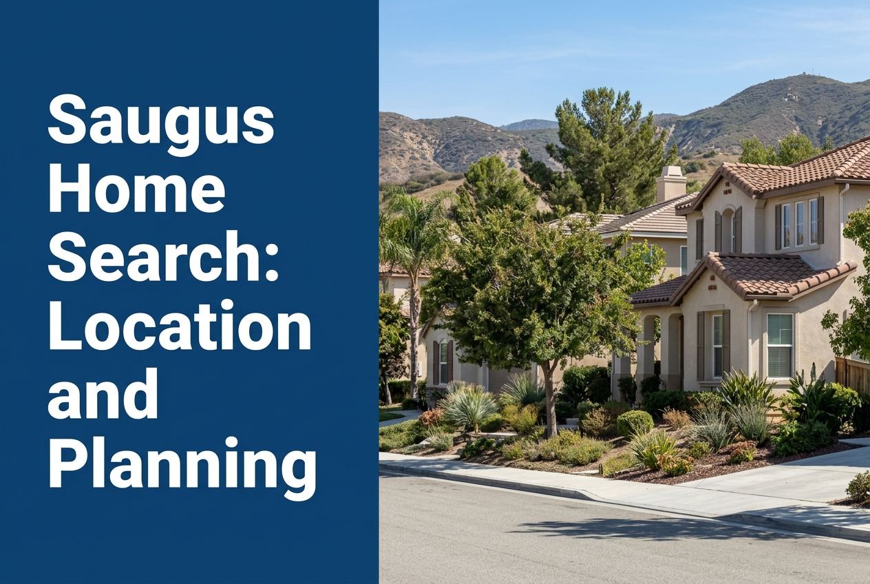 A split-screen graphic showing a deep blue panel on the left with white text and a sunny residential street with hills in the background.