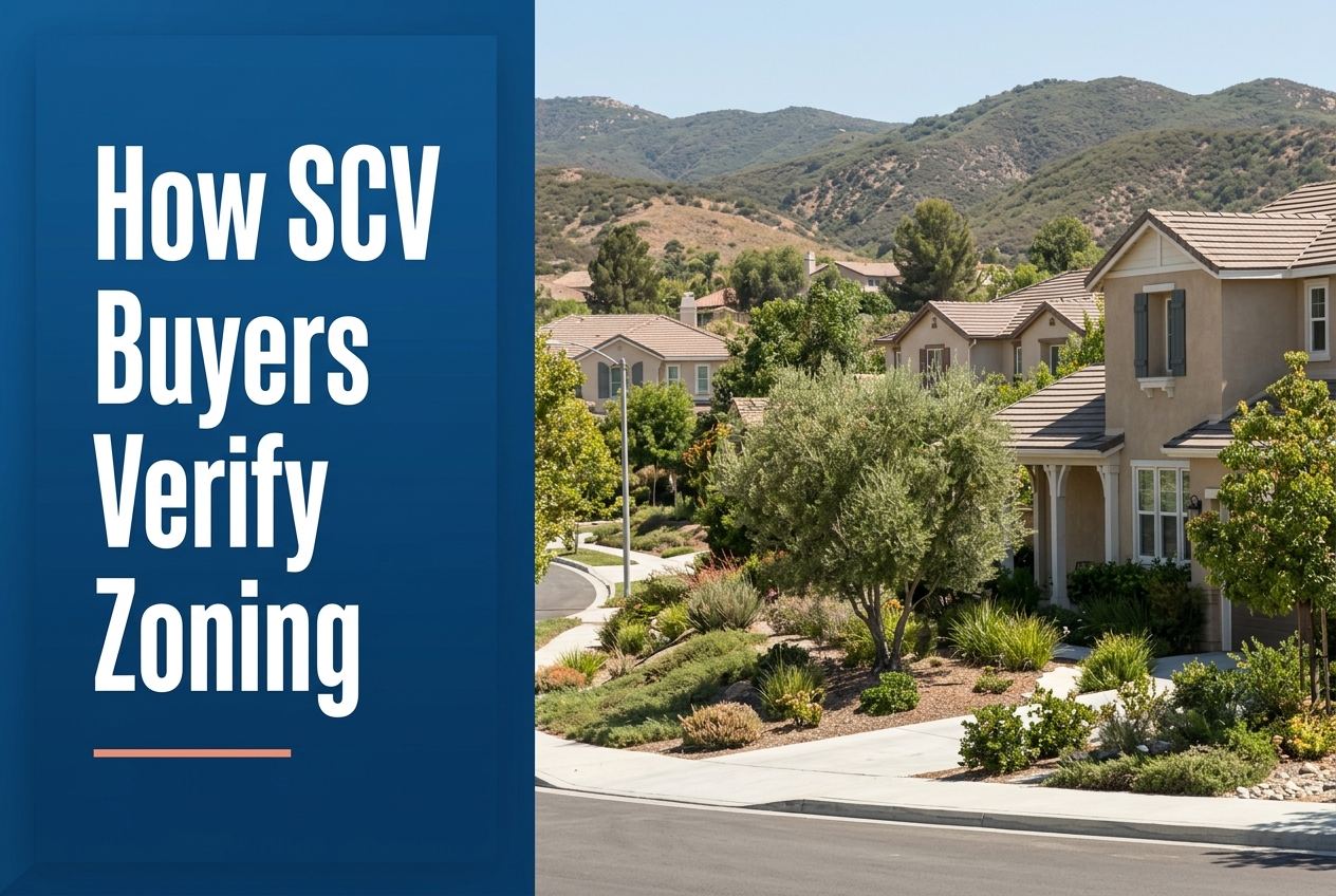 A deep blue panel on the left with white text reading How SCV Buyers Verify Zoning over a residential Santa Clarita neighborhood scene.