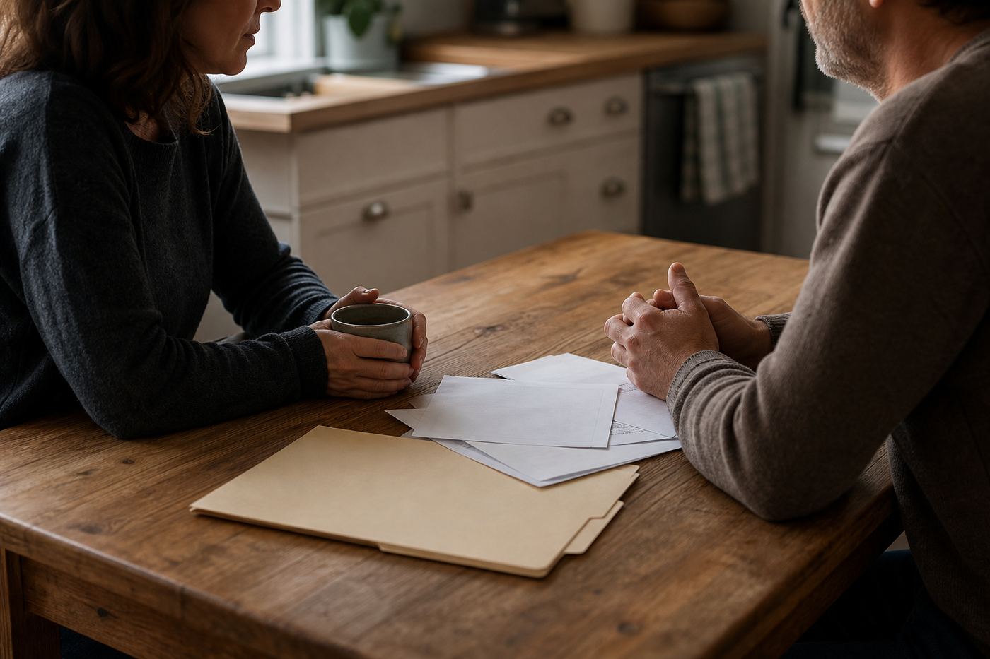 Two people having a serious, calm conversation over paperwork at a kitchen table